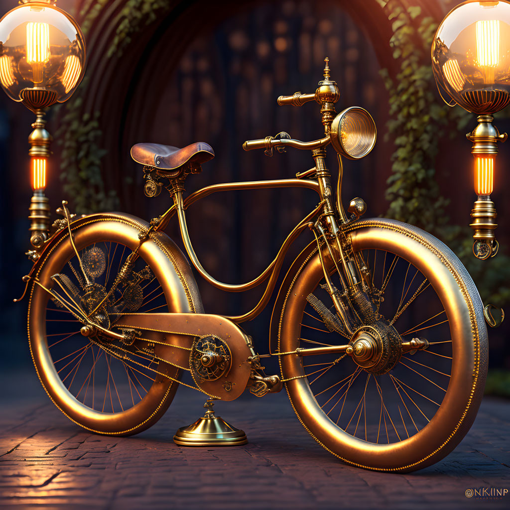 Steampunk-inspired golden bike against vintage backdrop with lit lamps