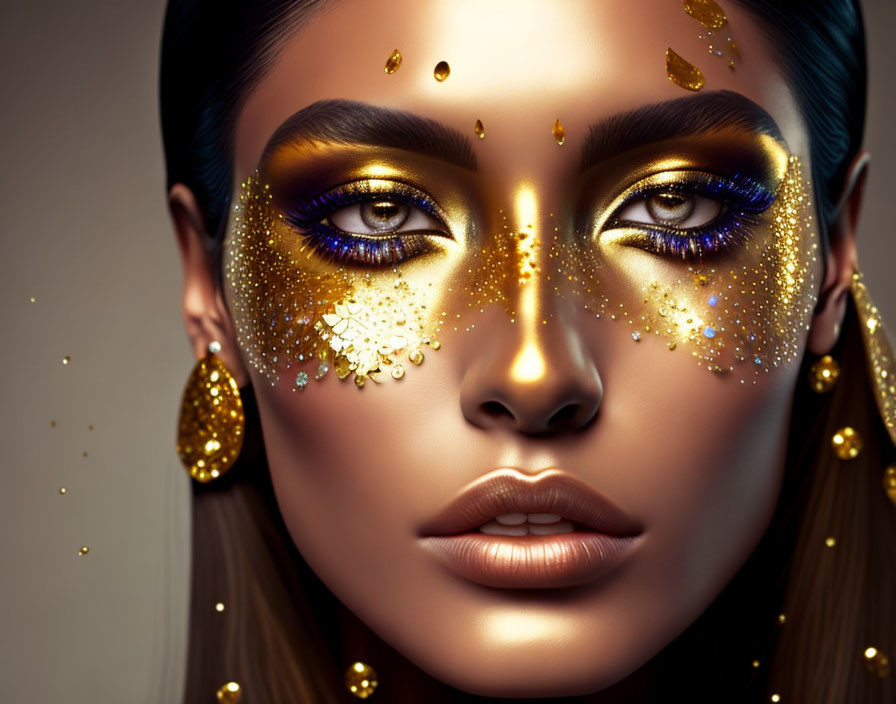Close-Up of Woman's Face with Golden Makeup, Glitter, and Jewelry