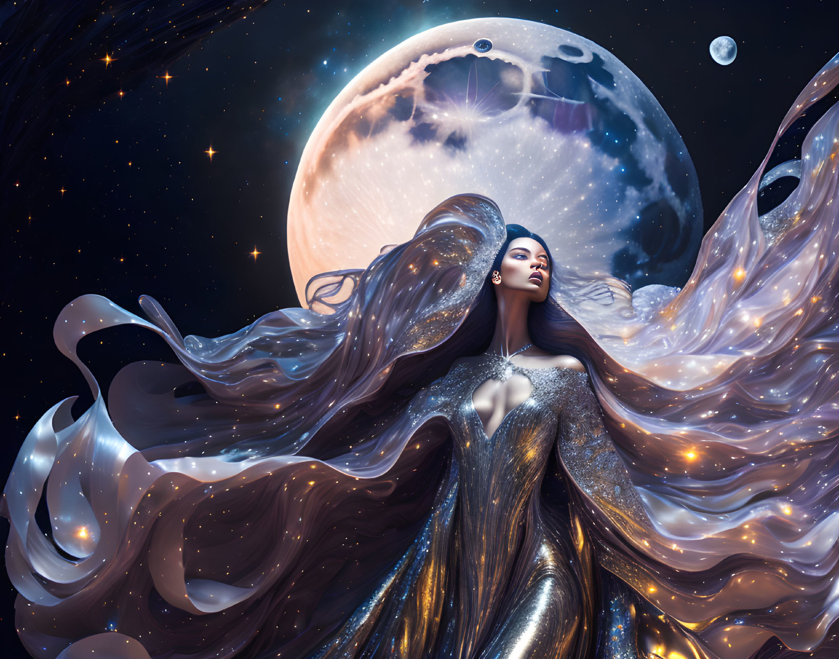 Celestial woman with flowing hair and gown in cosmic scene