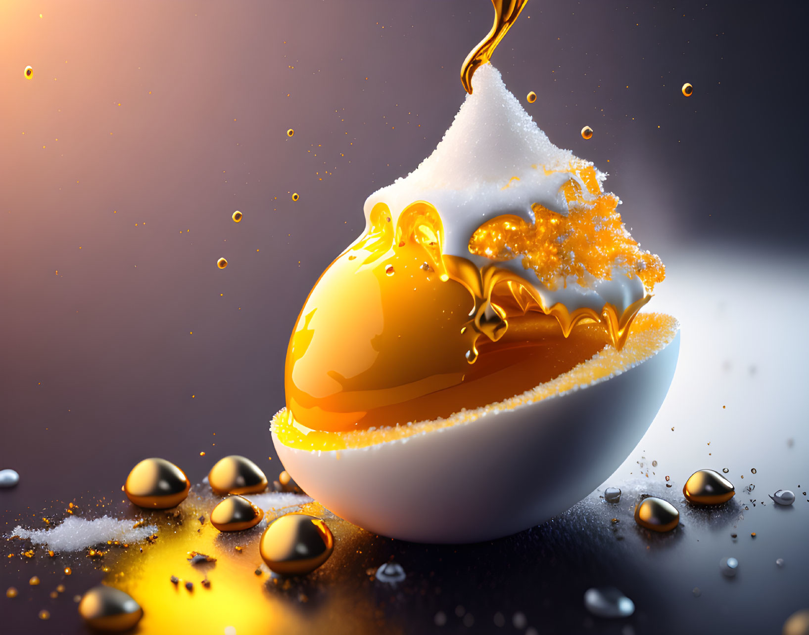 Digital artwork: Golden yolk oozing from cracked egg with droplets and granules