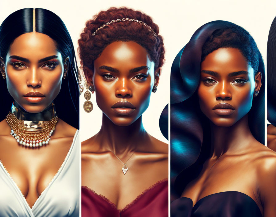 Three portraits of a woman with diverse elegant hairstyles and outfits showcasing beauty and fashion diversity.