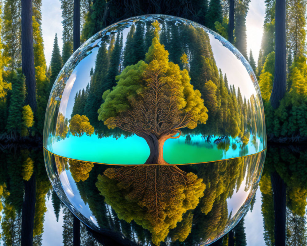 Vibrant tree in transparent sphere reflects serene forest and sky.