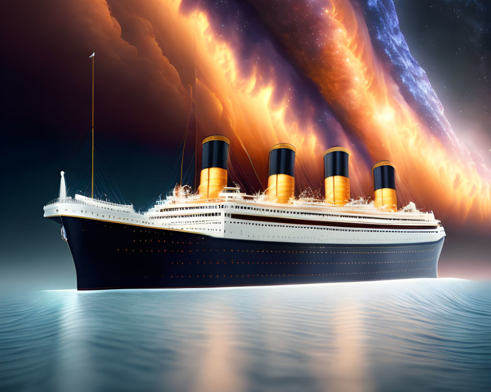Ocean liner sailing under fiery night sky with calm sea reflection