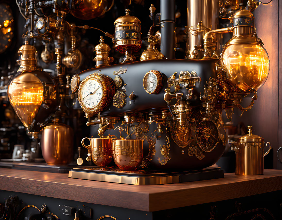 Steampunk-style coffee machine with brass accents and vintage gauges.