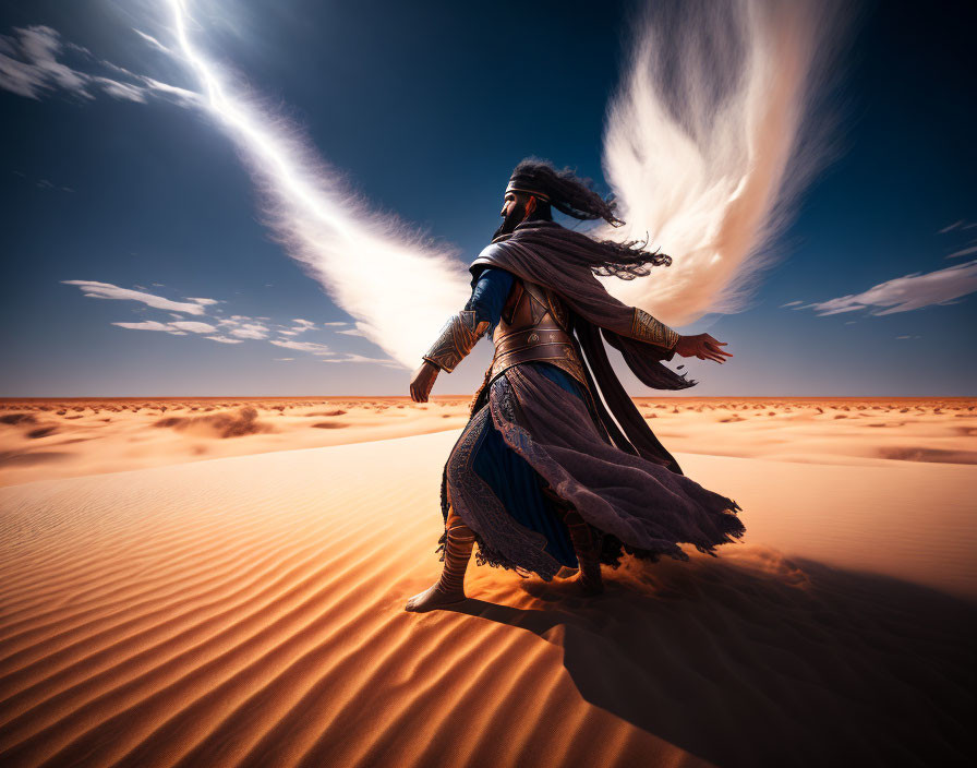 Person in traditional garments walking in sandy desert under dramatic sky