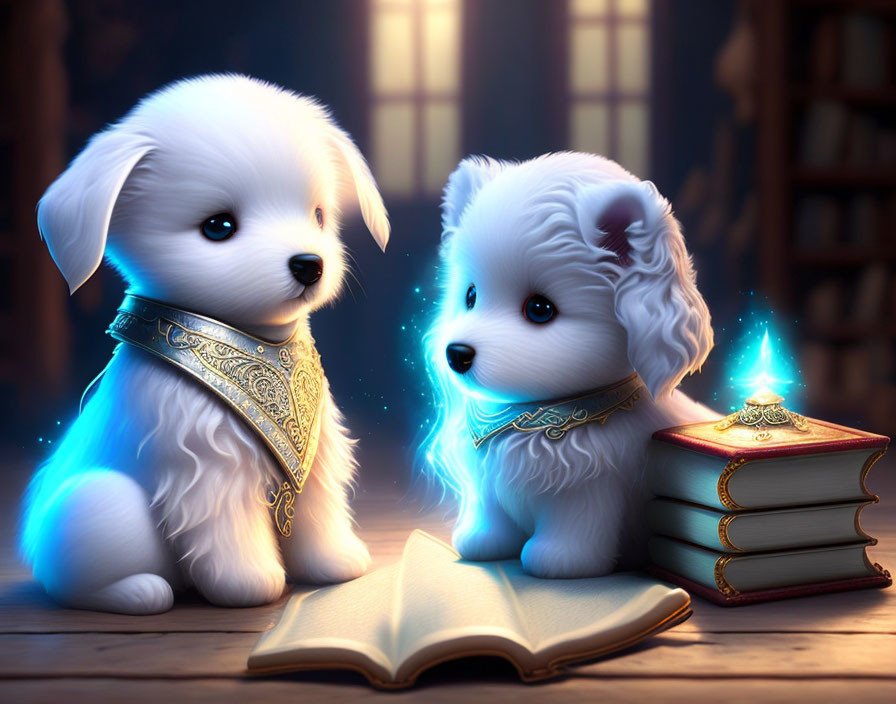 Two animated puppies with glowing blue accents beside a magical book emitting a blue glow in a cozy room