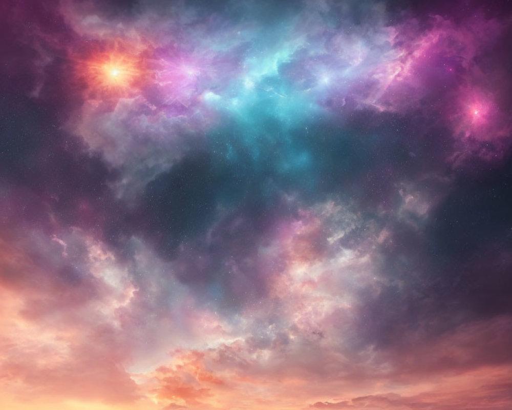 Colorful cosmic clouds above serene desert landscape with bright star