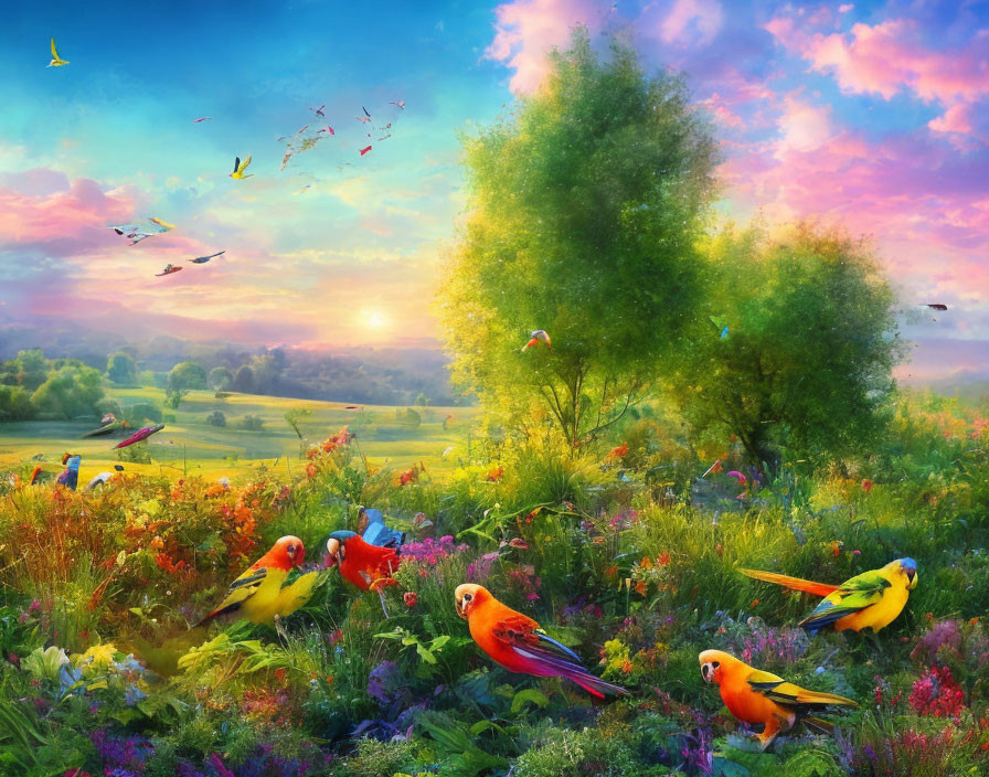 Colorful Birds in Lush Sunrise Landscape