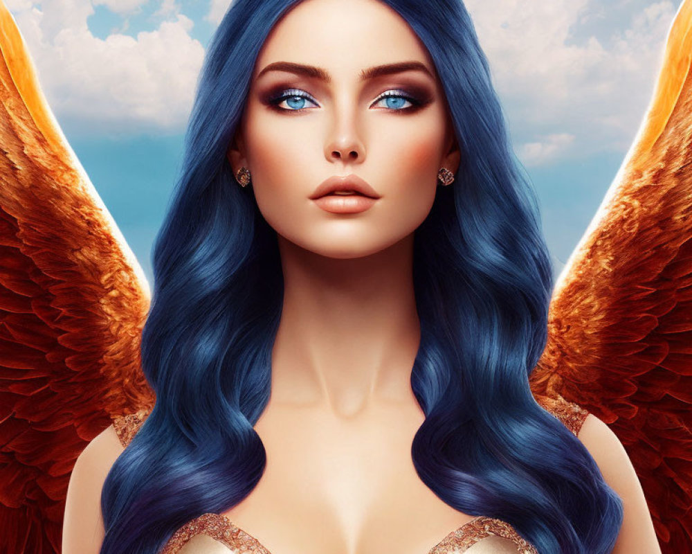 Digital artwork: Woman with blue hair, blue eyes, and feathered wings in sky.