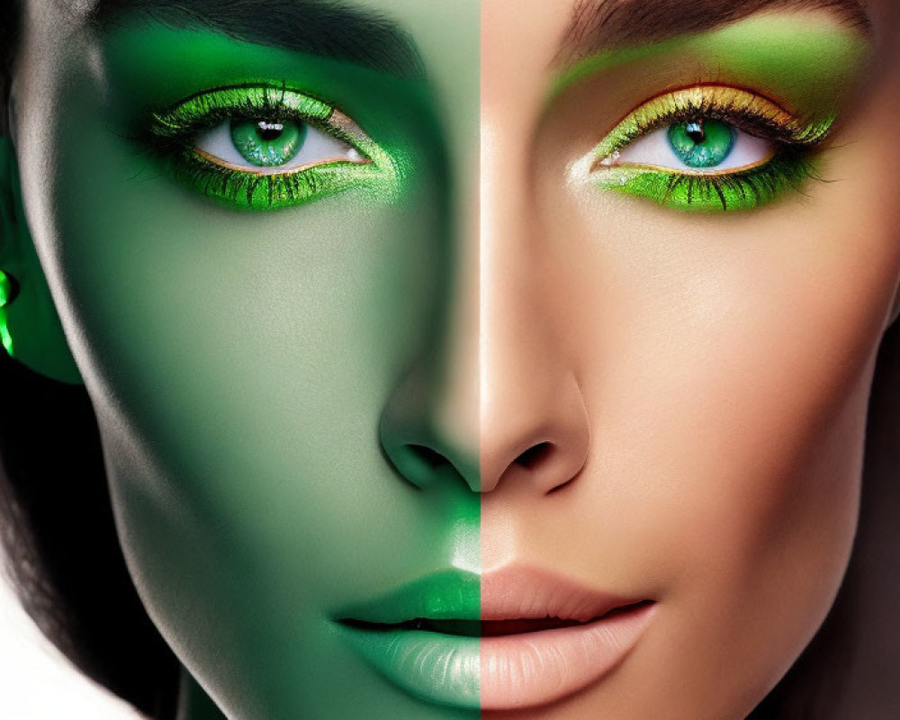 Split image of woman's face with natural and digitally altered green skin.