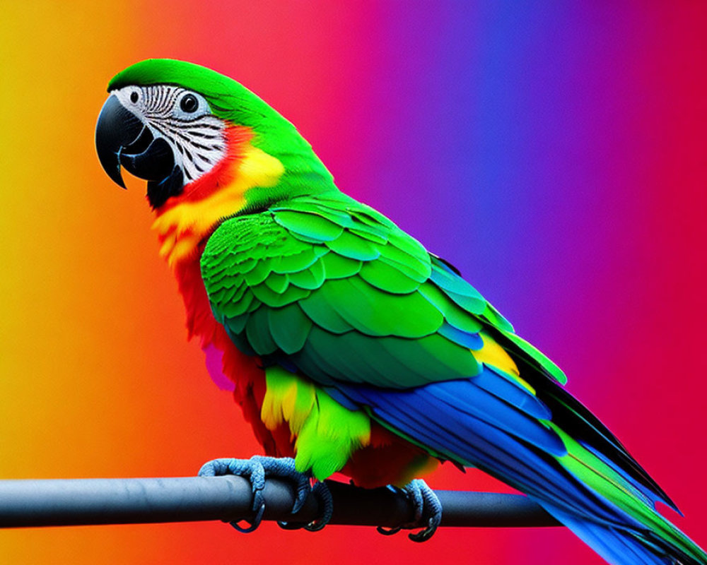 Colorful Macaw Perched on Metal Bar Against Rainbow Backdrop
