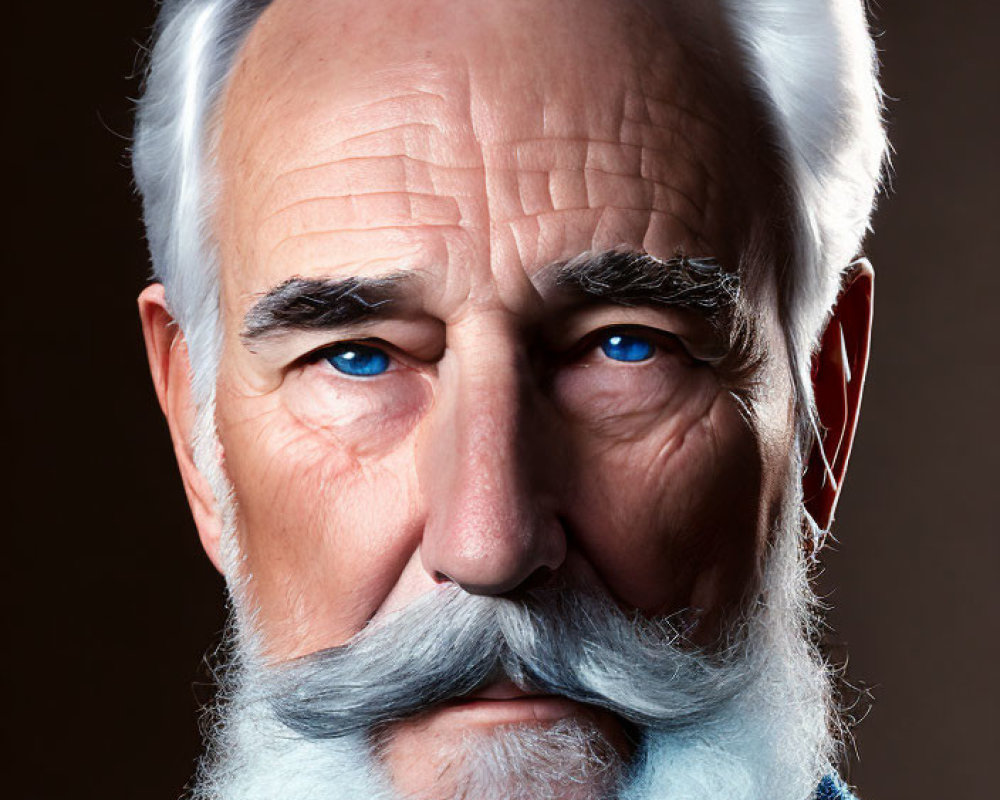 Elderly man with white beard and blue jacket on brown background