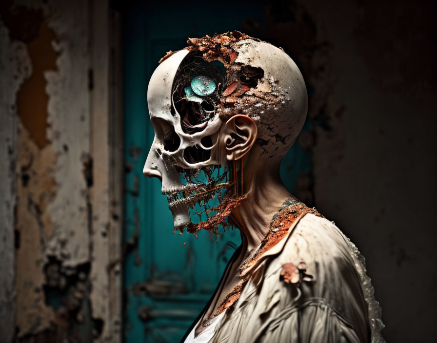 Skull-faced person with rusted mechanical eye in vintage attire against dilapidated backdrop