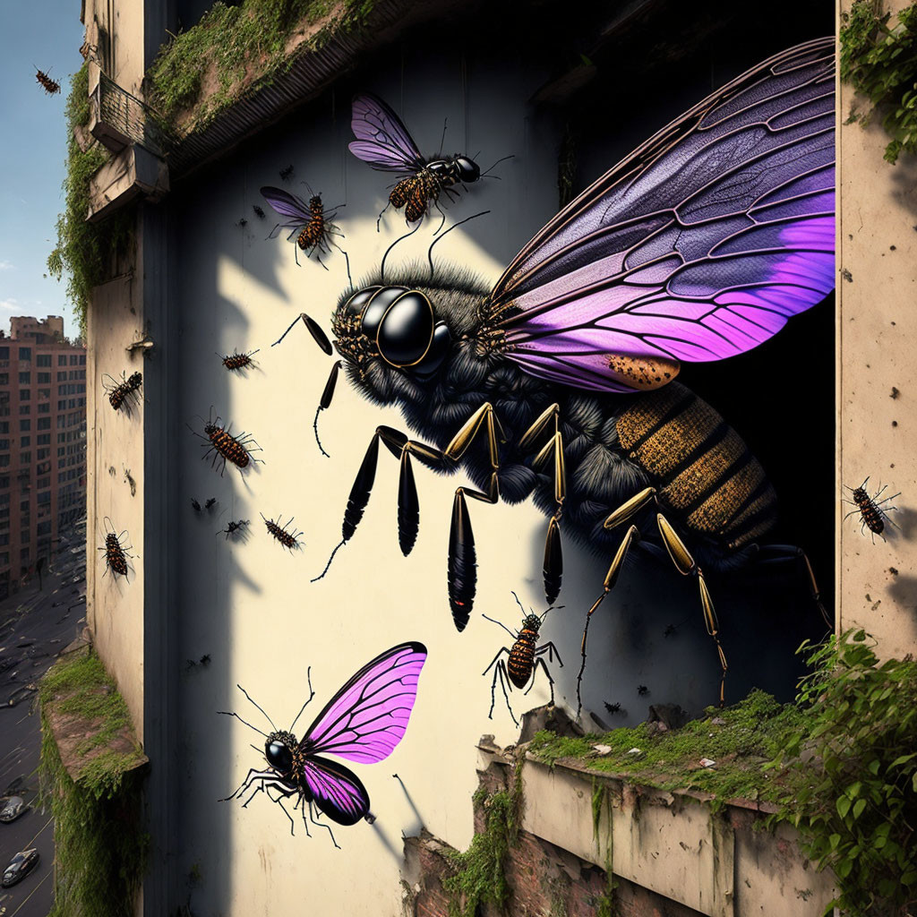 Colorful oversized bee mural with smaller insects on urban building wall