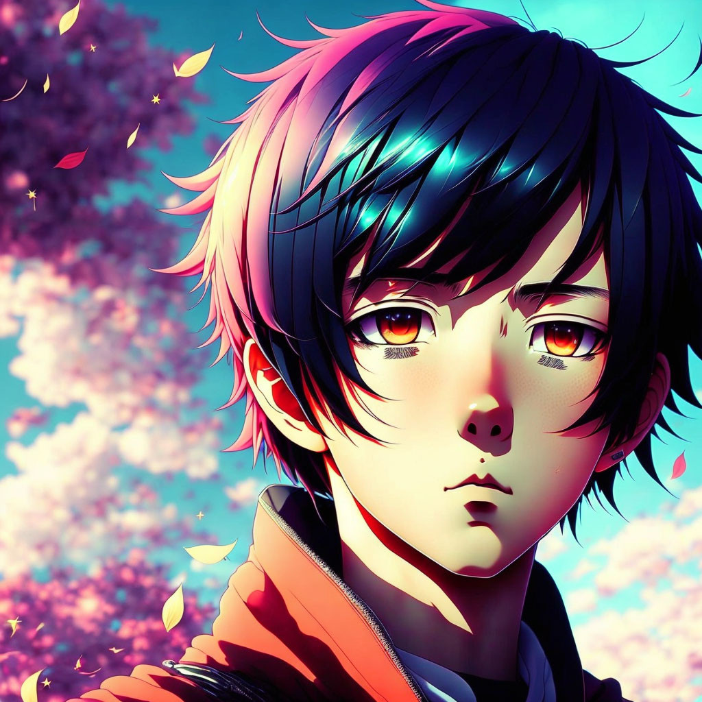 Multicolored hair, golden eyes, thoughtful expression in pink blossoming trees