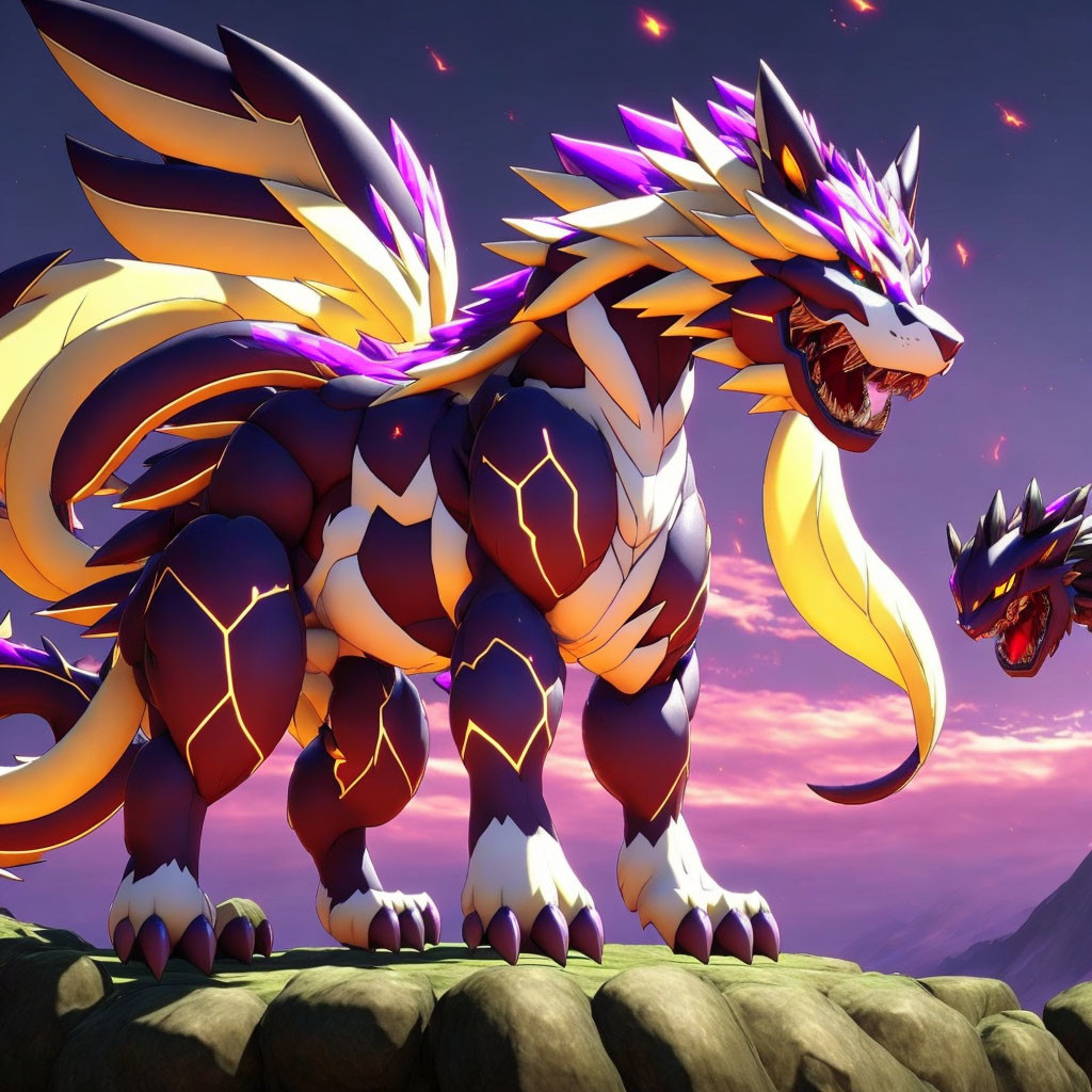 Vibrant two-headed dragon with purple spikes against sunset sky