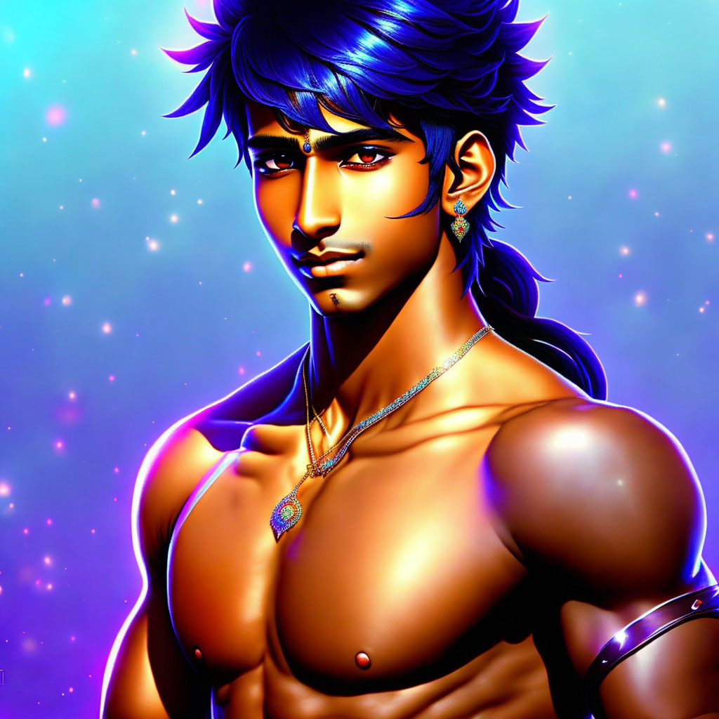 Muscular blue-skinned man with dark hair in digital art against cosmic purple backdrop