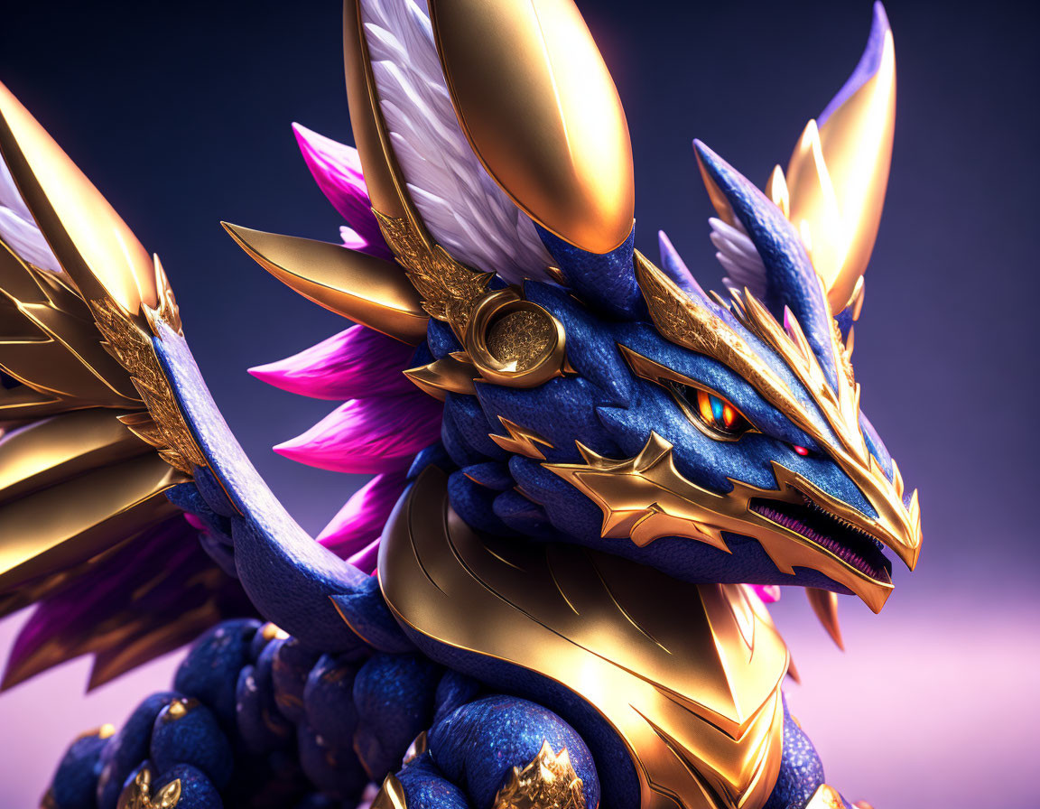 Detailed digital artwork of majestic blue dragon with golden horns, armor, fierce eyes, and intricate scales.