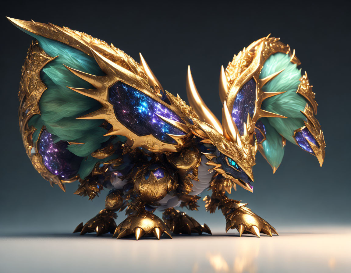 Majestic fantasy creature with golden armor and cosmic wing patterns
