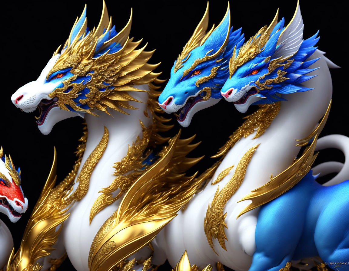 Three ornate white dragons with gold and blue details on a dark background