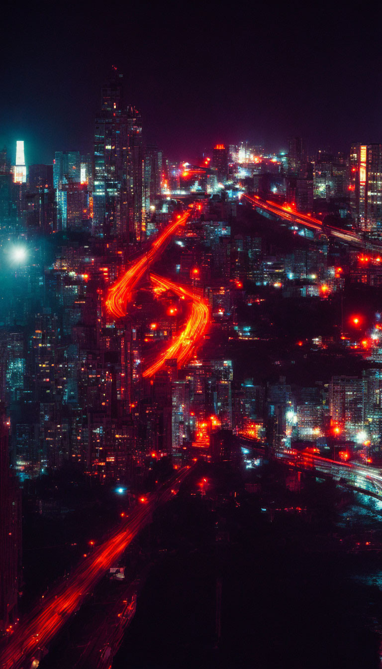 Nocturnal cityscape with glowing red lights and skyscrapers in a bustling urban environment