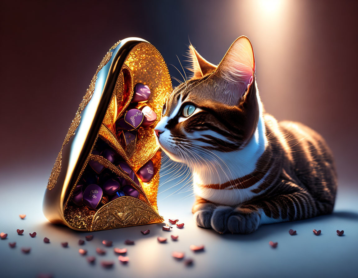 Tabby Cat Curiously Observing Heart-shaped Box with Colorful Hearts