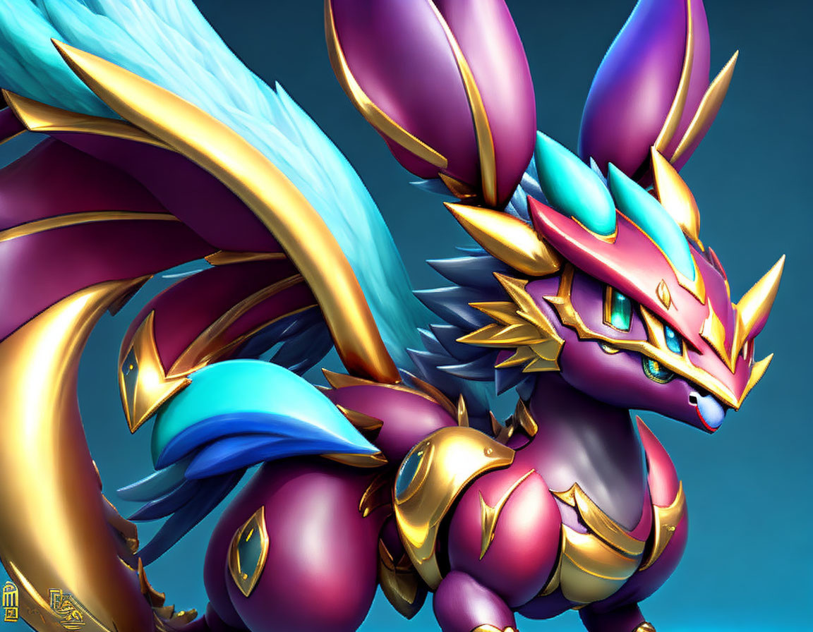 Dragon illustration with metallic blue and gold armor and purple spines