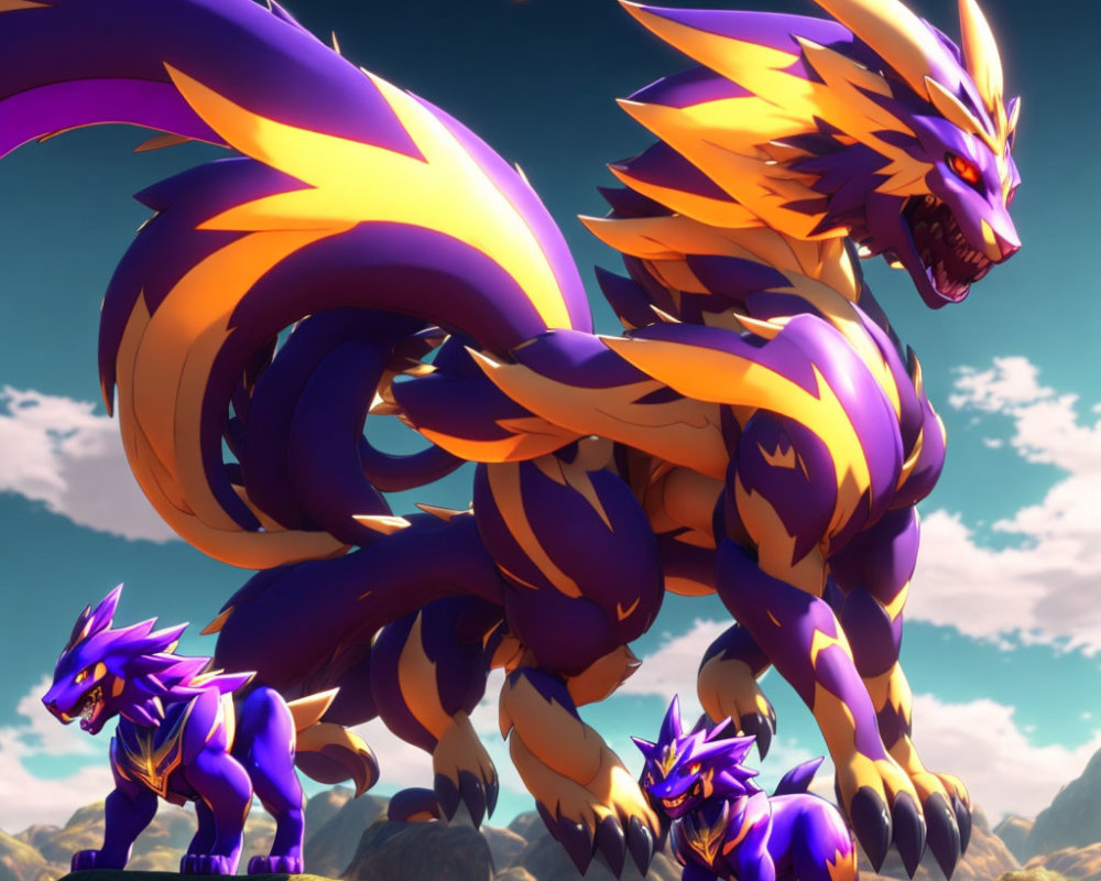 Three powerful dragons with purple and orange scales on rocky terrain under a twilight sky.