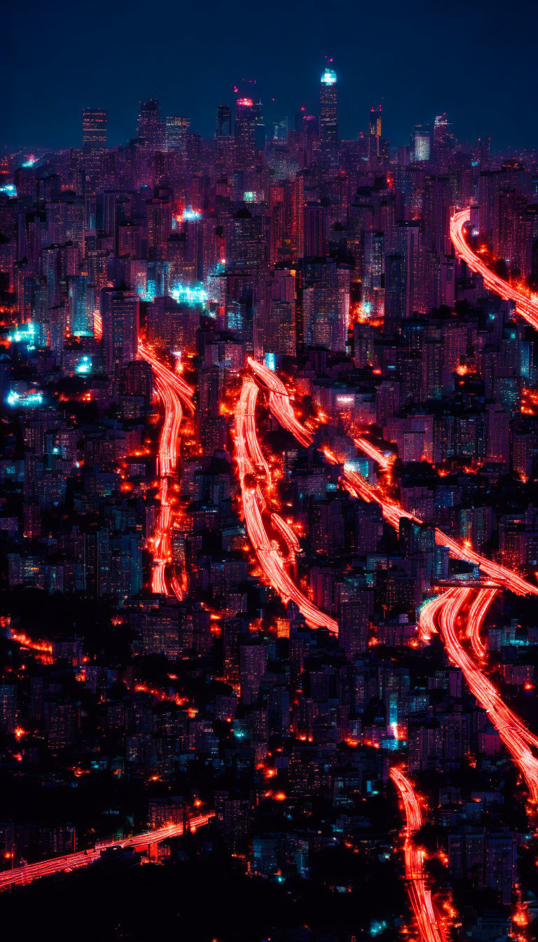 Vertical night cityscape with dense buildings and red traffic trails.