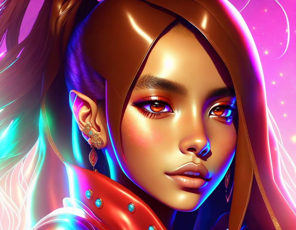 Vibrant digital artwork of woman with glowing skin and neon background