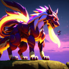 Vibrant two-headed dragon with purple spikes against sunset sky
