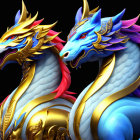 Three ornate white dragons with gold and blue details on a dark background