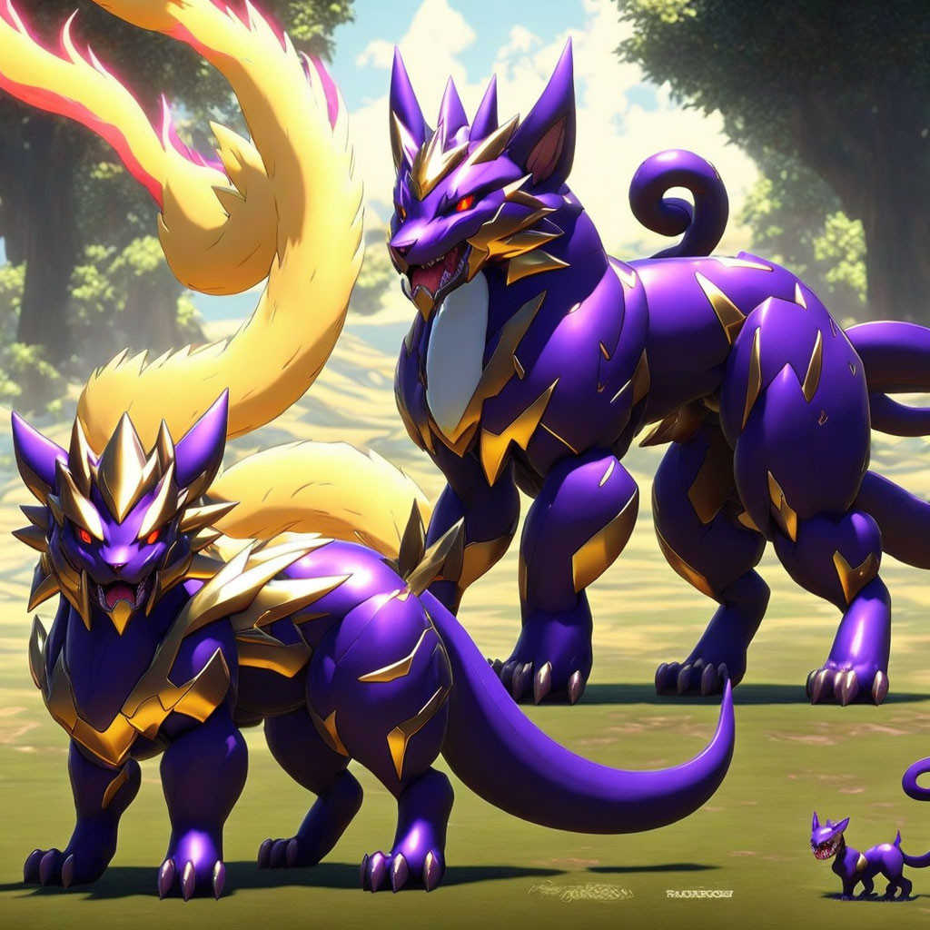 Stylized purple wolves with fiery tails in forest setting
