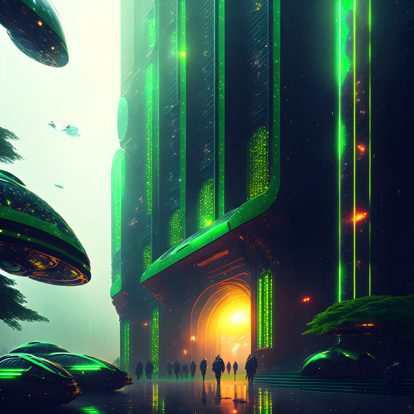 Futuristic cityscape with towering structures and flying vehicles