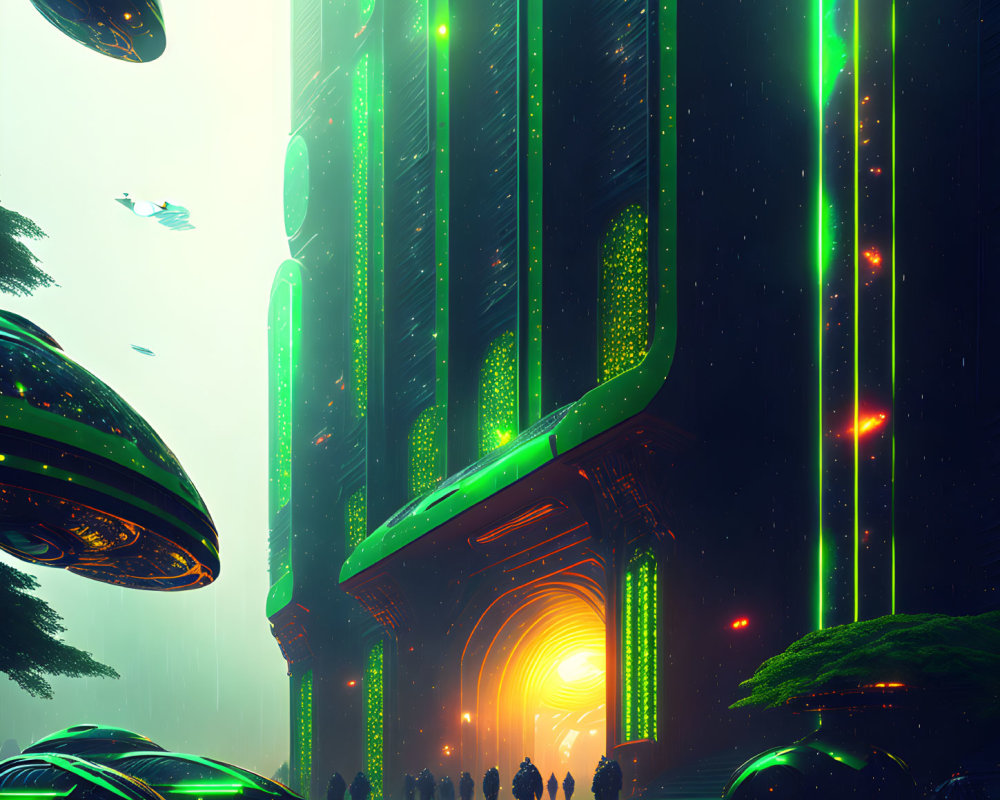 Futuristic cityscape with towering structures and flying vehicles