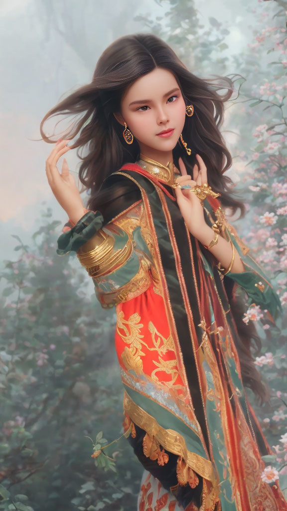 Animated woman in ornate attire surrounded by misty florals and gold accessories