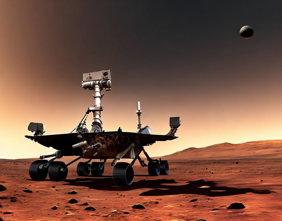 Mars rover explores rocky Martian landscape with moon in sky
