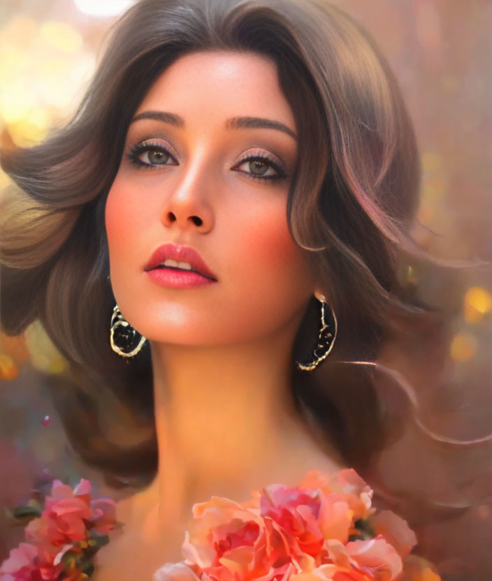 Detailed digital portrait of a woman with voluminous hair and captivating eyes against a soft-focus pink blossom background