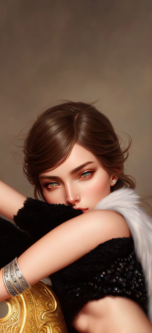 Female character with green eyes, short brown hair, gold arm bracelets, and black and white furs