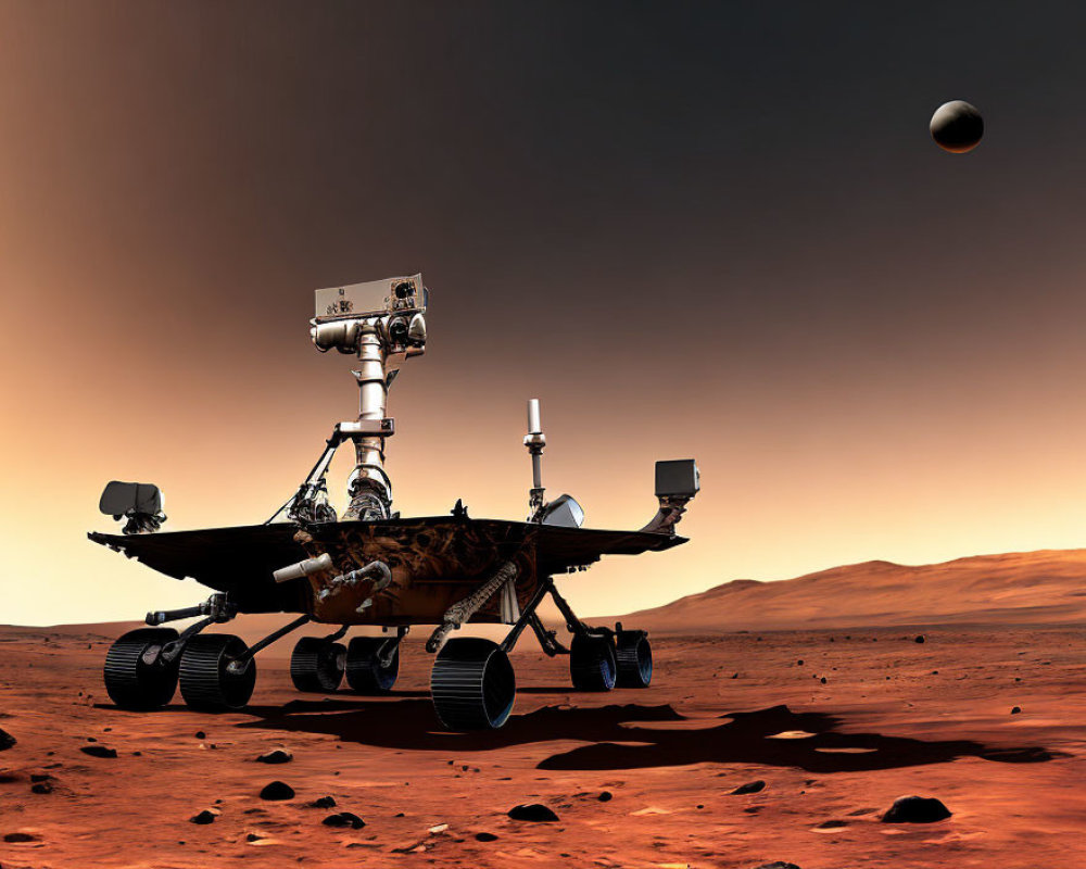 Mars rover explores rocky Martian landscape with moon in sky