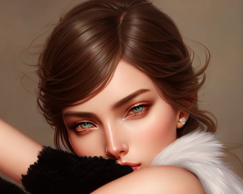 Female character with green eyes, short brown hair, gold arm bracelets, and black and white furs