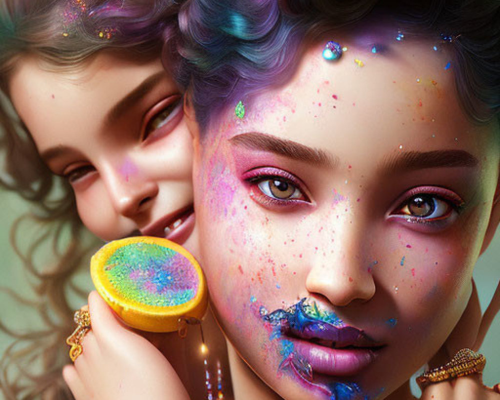 Colorful Glittery Characters with Braided Hair Holding Macaron