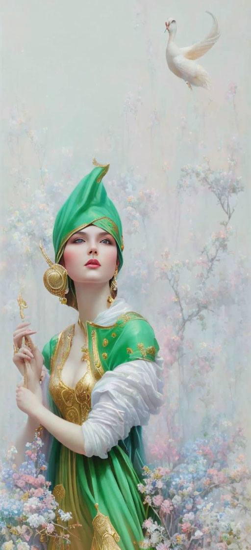 Fantasy illustration of woman in green and gold costume with headscarf, admiring dove among past