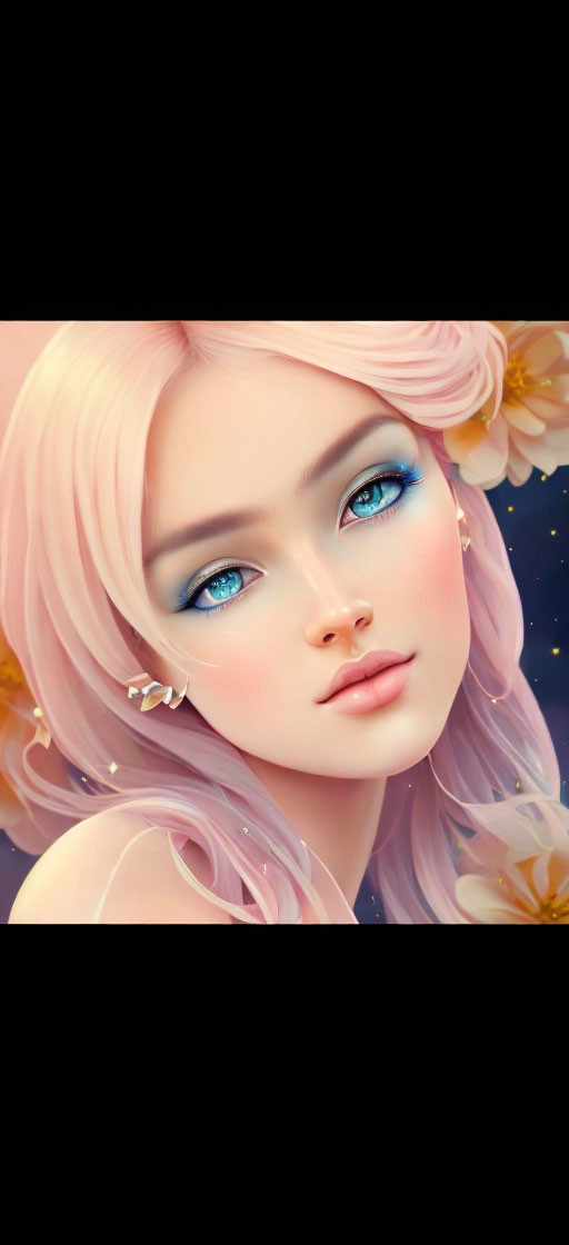 Female character with pink hair and flowers in dark background