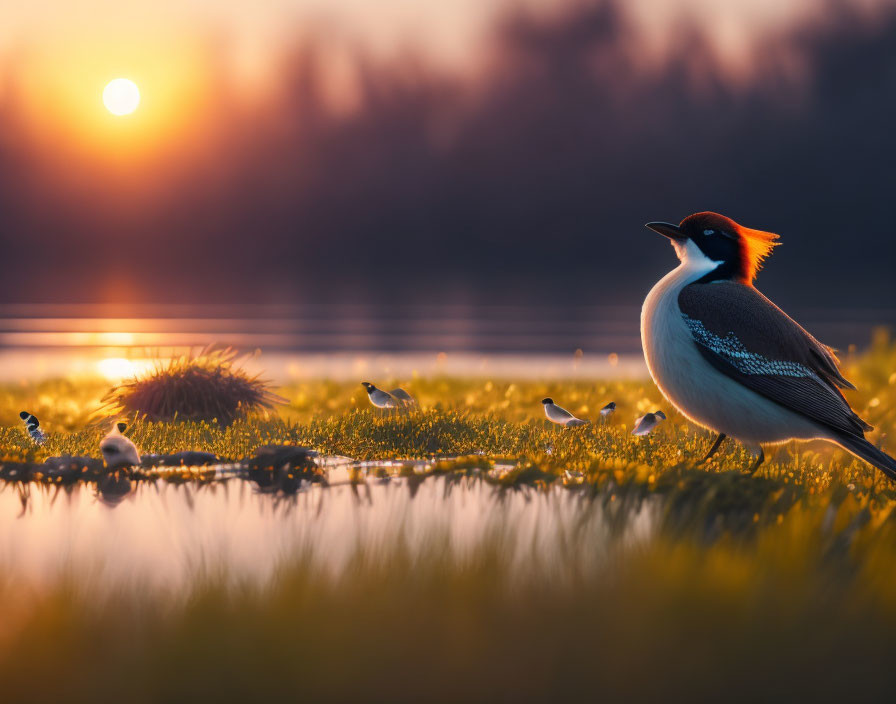 Bird with Black, White, and Tan Plumage by Water at Sunset