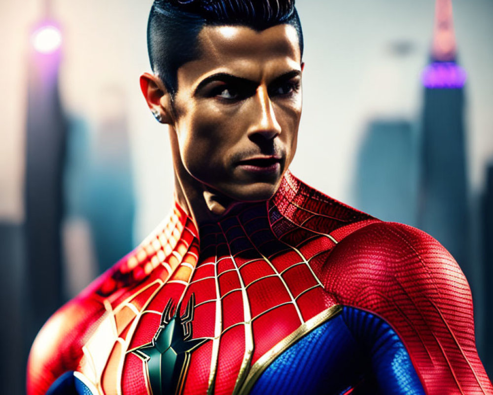 Stylized portrait of a person in Spider-Man suit with slicked-back hair on city skyline backdrop