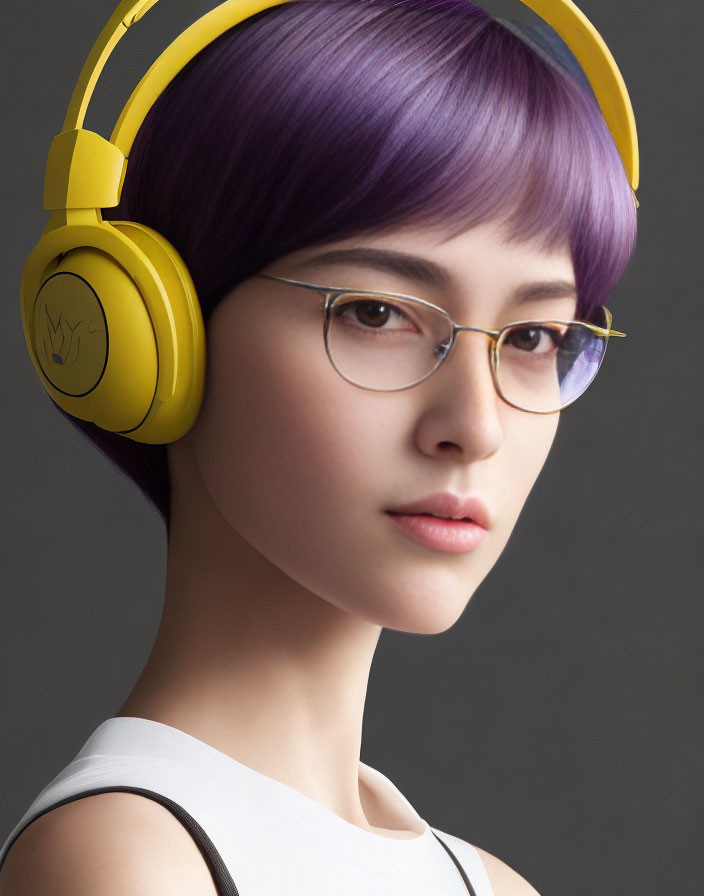 Purple-haired person in yellow headphones and glasses on gray background