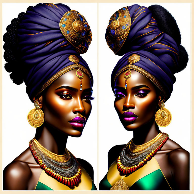 Regal woman with headwrap and face paint diptych