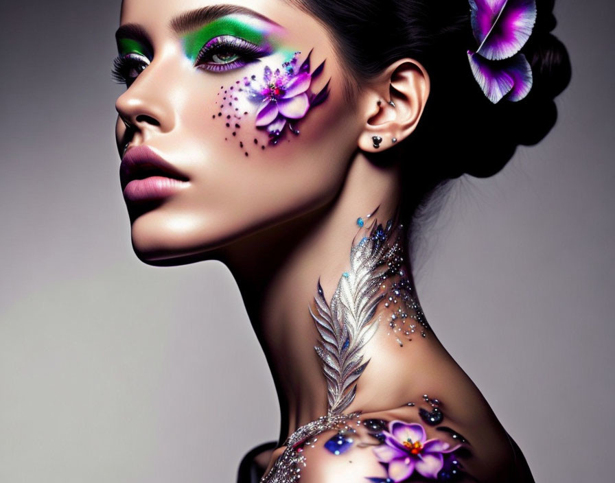 Woman with Purple Flower and Butterfly Makeup Design