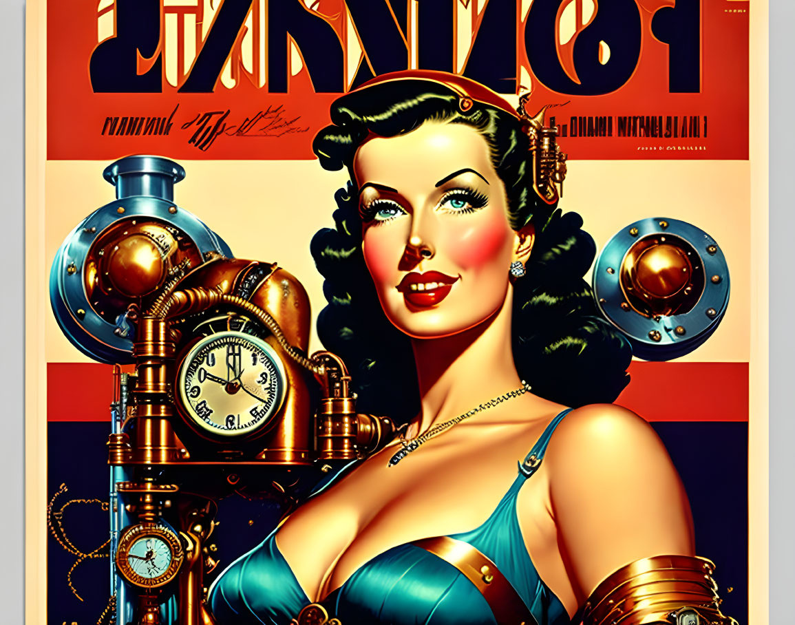 Steampunk-inspired vintage-style poster with mechanical woman and clock motif